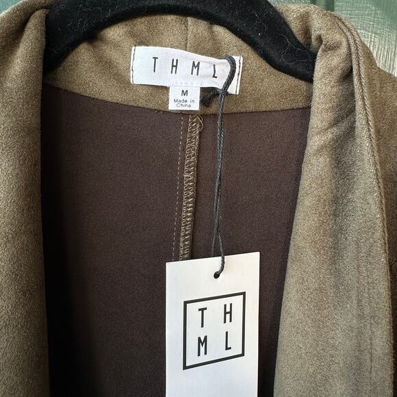 NWT THML Faux Suede Olive Green Duster Coat Medium Soft Longline Jacket Cozecore - Picture 6 of 8